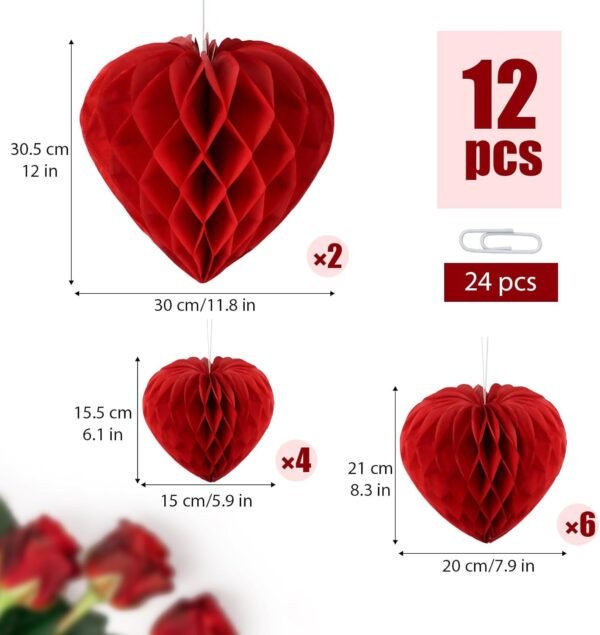 12 pcs Red Heart Paper Honeycomb Balls Valentines Decoration Kit Valentine's Day - Image 4