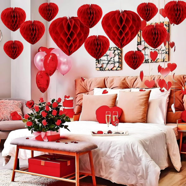 12 pcs Red Heart Paper Honeycomb Balls Valentines Decoration Kit Valentine's Day - Image 3