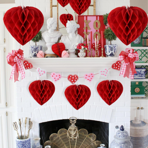 12 pcs Red Heart Paper Honeycomb Balls Valentines Decoration Kit Valentine's Day - Image 2