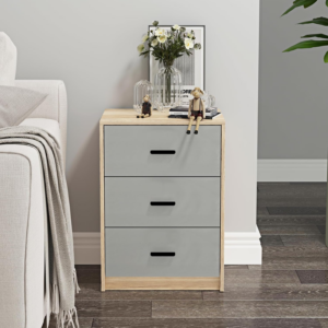 3 Drawer Wooden Bedroom Bedside Cabinet (Oak Carcass + Grey Drawers)