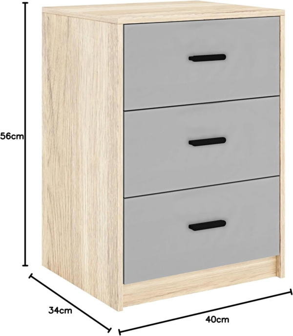 3 Drawer Wooden Bedroom Bedside Cabinet (Oak Carcass + Grey Drawers) - Image 4
