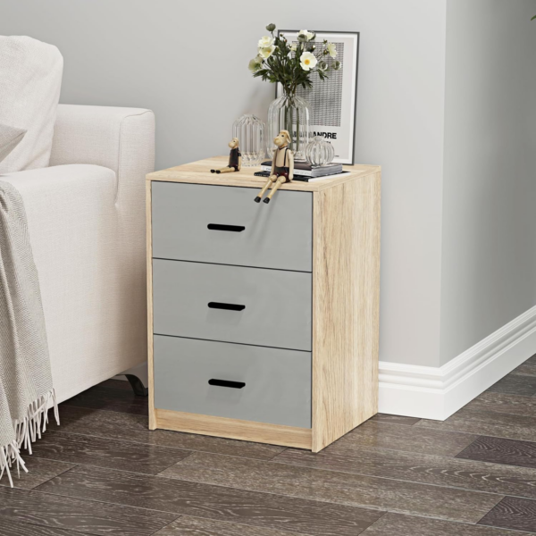 3 Drawer Wooden Bedroom Bedside Cabinet (Oak Carcass + Grey Drawers) - Image 3