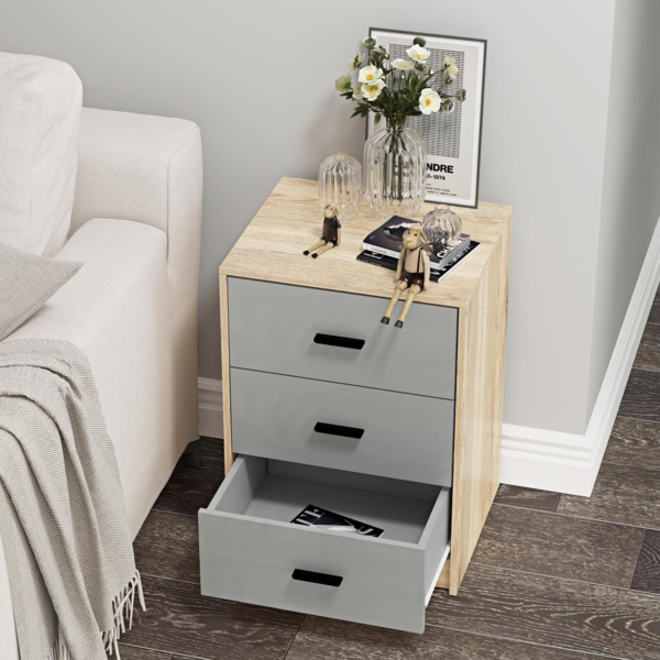 3 Drawer Wooden Bedroom Bedside Cabinet (Oak Carcass + Grey Drawers) - Image 2