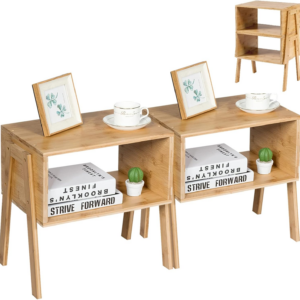 Set of 2 Stackable Bedside Tables, Bamboo Nightstand Sofa Side Table with Open Storage Compartment, Home Living Room Bedroom Coffee Tea End Table