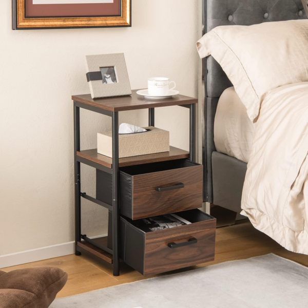 Bedside Table, Industrial Nightstand with 2 Drawers & Open Shelf - Image 7