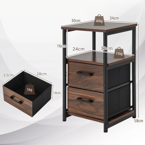 Bedside Table, Industrial Nightstand with 2 Drawers & Open Shelf - Image 6