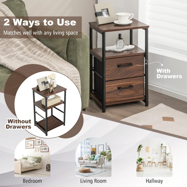 Bedside Table, Industrial Nightstand with 2 Drawers & Open Shelf - Image 4