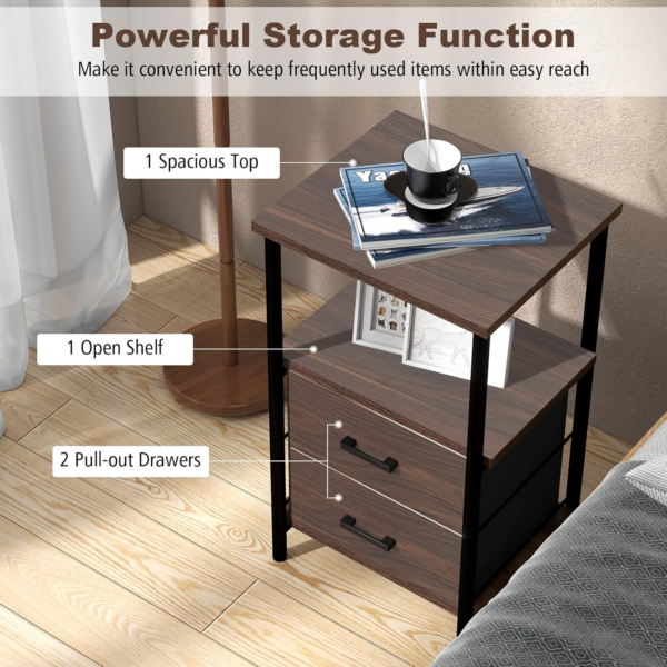 Bedside Table, Industrial Nightstand with 2 Drawers & Open Shelf - Image 3