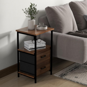 Bedside Table, Industrial Nightstand with 2 Drawers & Open Shelf