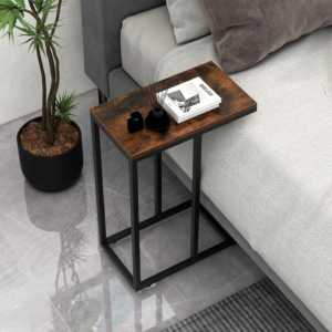 C-Shaped Side Table, Industrial Nightstand Sofa End Table with Storage Shelf, Metal Frame Wooden Coffee Snack Laptop Holder Overbed Table for Small Space, Living Room, Bedroom