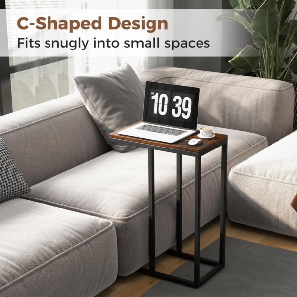 C-Shaped Side Table, Industrial Nightstand Sofa End Table with Storage Shelf, Metal Frame Wooden Coffee Snack Laptop Holder Overbed Table for Small Space, Living Room, Bedroom - Image 6