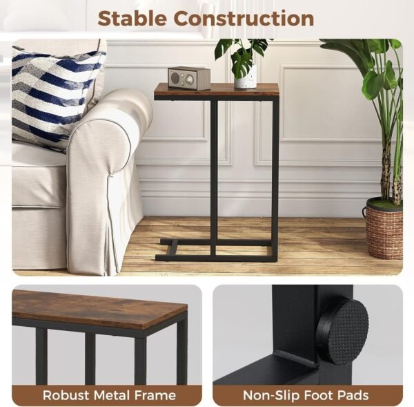 C-Shaped Side Table, Industrial Nightstand Sofa End Table with Storage Shelf, Metal Frame Wooden Coffee Snack Laptop Holder Overbed Table for Small Space, Living Room, Bedroom - Image 5