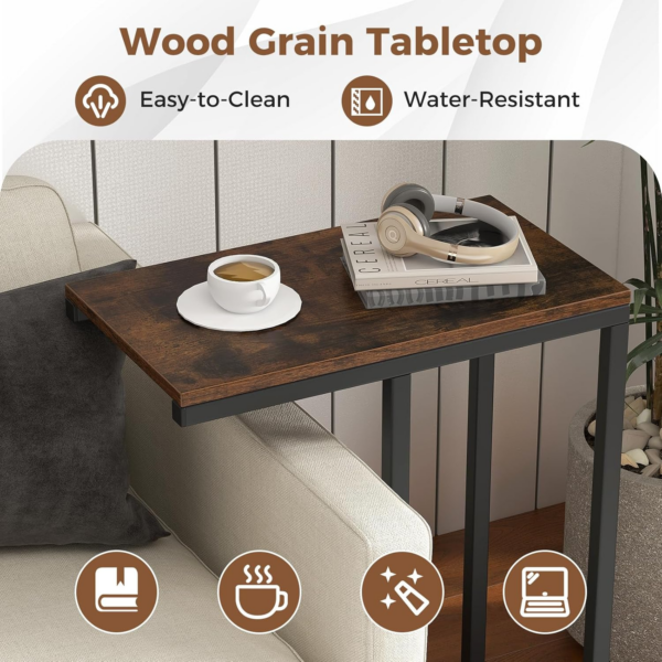 C-Shaped Side Table, Industrial Nightstand Sofa End Table with Storage Shelf, Metal Frame Wooden Coffee Snack Laptop Holder Overbed Table for Small Space, Living Room, Bedroom - Image 4