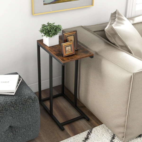 C-Shaped Side Table, Industrial Nightstand Sofa End Table with Storage Shelf, Metal Frame Wooden Coffee Snack Laptop Holder Overbed Table for Small Space, Living Room, Bedroom - Image 3