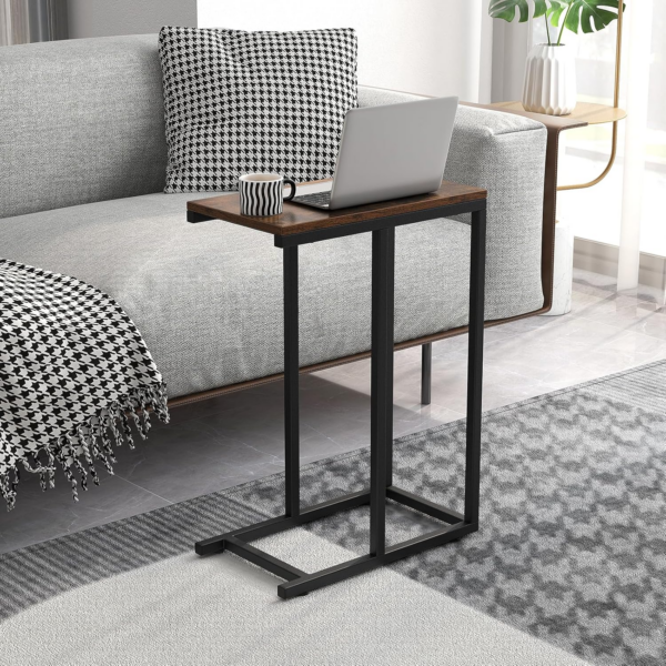 C-Shaped Side Table, Industrial Nightstand Sofa End Table with Storage Shelf, Metal Frame Wooden Coffee Snack Laptop Holder Overbed Table for Small Space, Living Room, Bedroom - Image 2