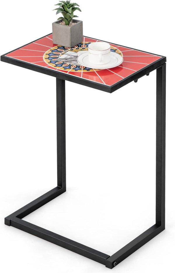 C-Shaped Side Table, Mosaic Ceramic Top Nightstand Sofa End Table