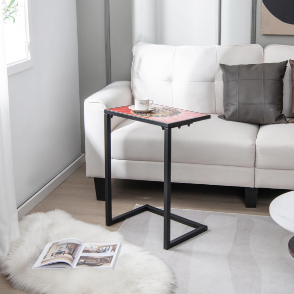 C-Shaped Side Table, Mosaic Ceramic Top Nightstand Sofa End Table - Image 6
