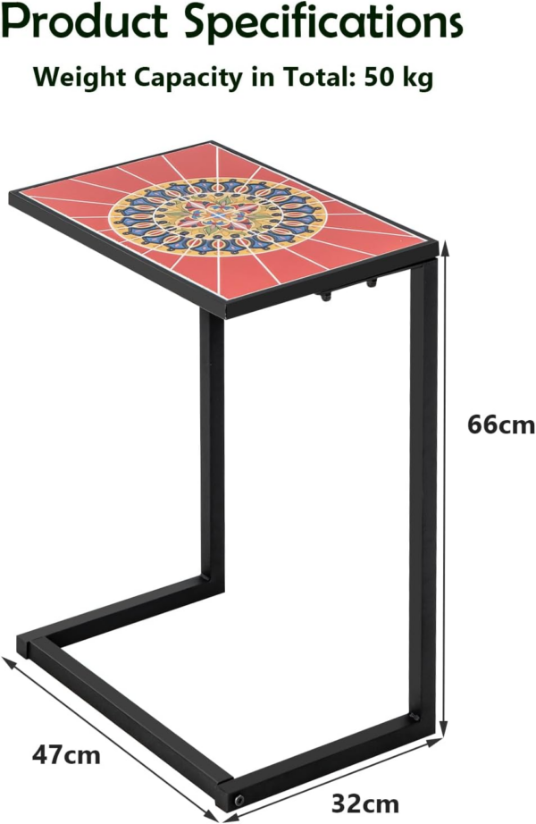 C-Shaped Side Table, Mosaic Ceramic Top Nightstand Sofa End Table - Image 5