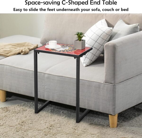 C-Shaped Side Table, Mosaic Ceramic Top Nightstand Sofa End Table - Image 4