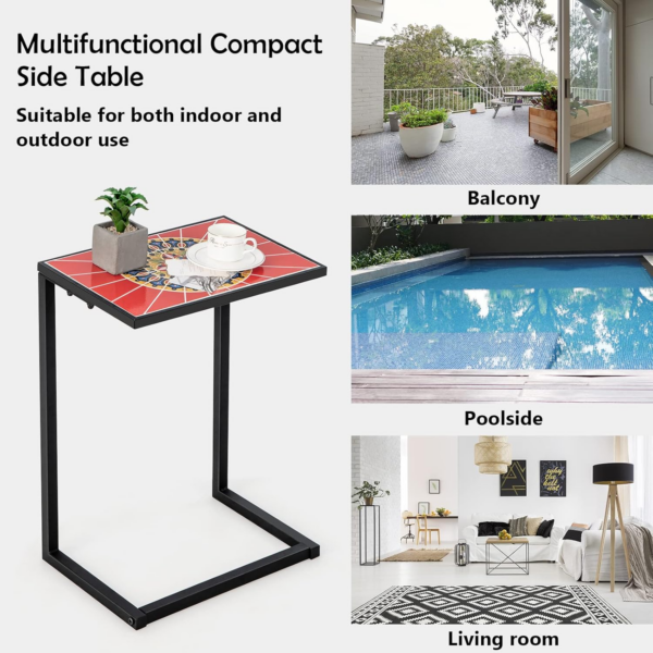C-Shaped Side Table, Mosaic Ceramic Top Nightstand Sofa End Table - Image 2