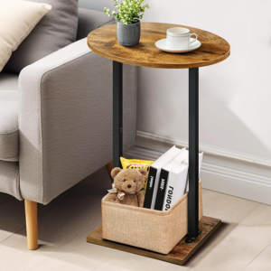 Round Side Table, Sofa End Table with Fabric Basket, Compact Bedside Table