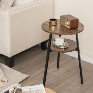 Round Side Table, 2-Tier Industrial Sofa End Table Small Nightstand with Storage Shelf