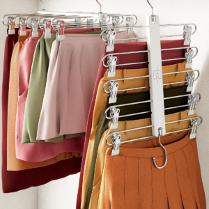 Skirt Hangers Space Saving with Clips - 2 Pack - European Beechwood 5-Tier Hanger for Shorts, Skirts, and Trousers