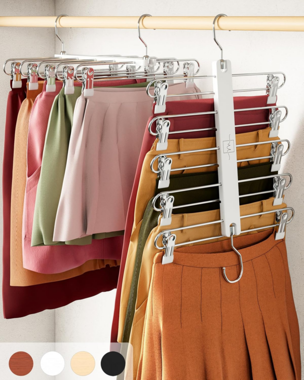 Skirt Hangers Space Saving with Clips - 2 Pack - European Beechwood 5-Tier Hanger for Shorts, Skirts, and Trousers