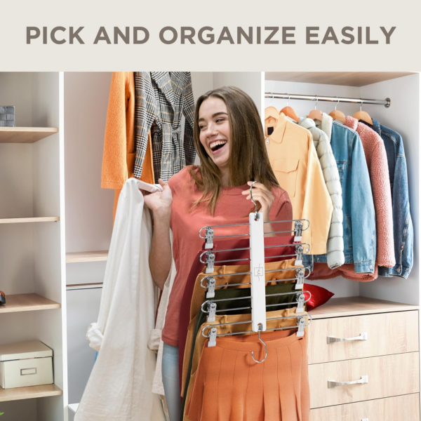 Skirt Hangers Space Saving with Clips - 2 Pack - European Beechwood 5-Tier Hanger for Shorts, Skirts, and Trousers - Image 3