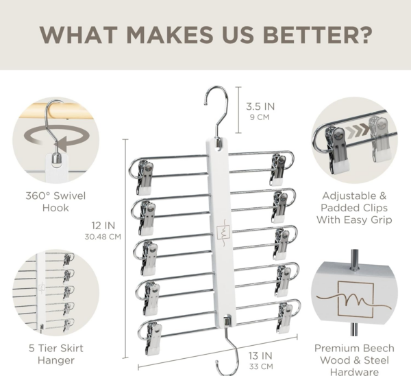 Skirt Hangers Space Saving with Clips - 2 Pack - European Beechwood 5-Tier Hanger for Shorts, Skirts, and Trousers - Image 5