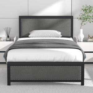 Single Size Bed Frame with Linen Fabric Headboard and Footboard, Heavy-Duty Platform with Strong Steel Slats