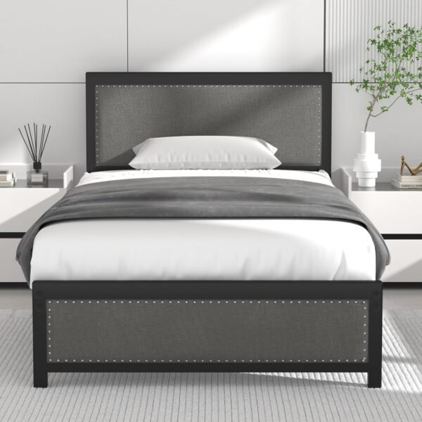 Single Size Bed Frame with Linen Fabric Headboard and Footboard, Heavy-Duty Platform with Strong Steel Slats