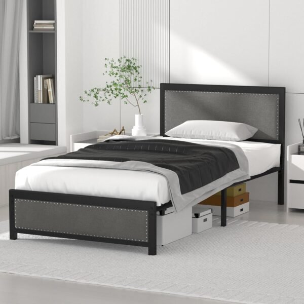 Single Size Bed Frame with Linen Fabric Headboard and Footboard, Heavy-Duty Platform with Strong Steel Slats - Image 6