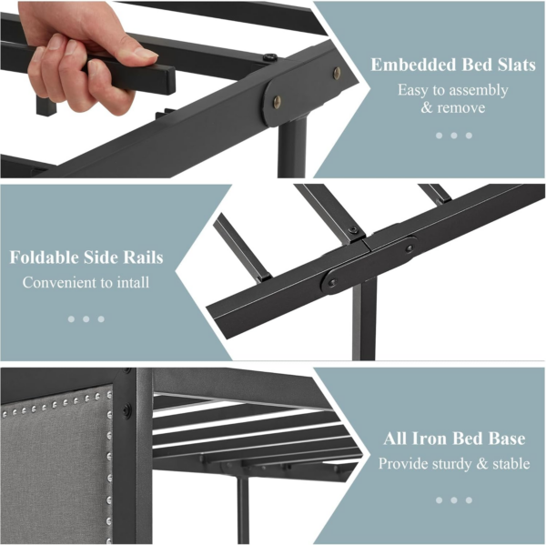 Single Size Bed Frame with Linen Fabric Headboard and Footboard, Heavy-Duty Platform with Strong Steel Slats - Image 4