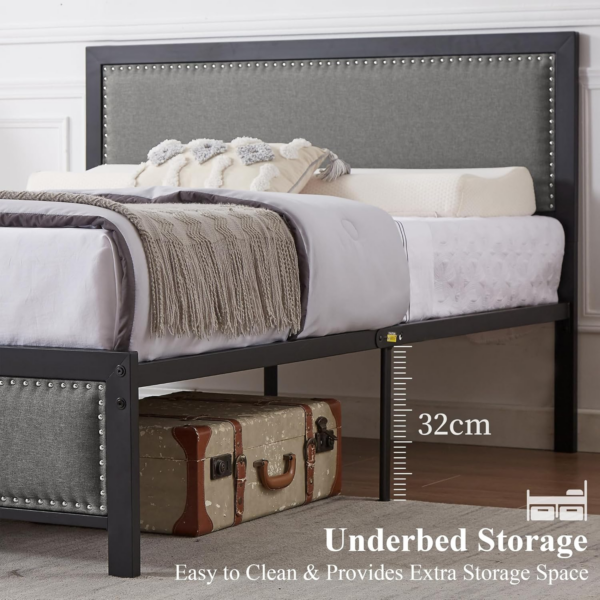 Single Size Bed Frame with Linen Fabric Headboard and Footboard, Heavy-Duty Platform with Strong Steel Slats - Image 3