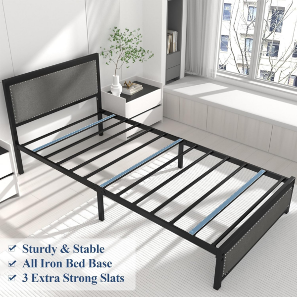 Single Size Bed Frame with Linen Fabric Headboard and Footboard, Heavy-Duty Platform with Strong Steel Slats - Image 2