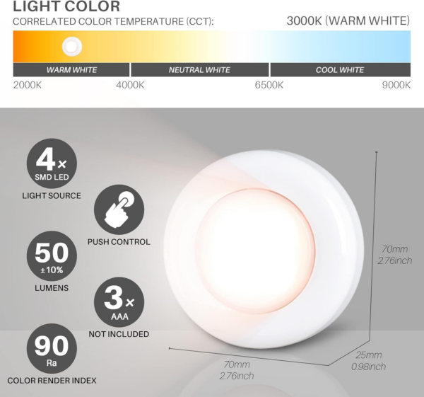 Tap Light Push Lights, Stick on LED Touch Puck Light AAA Battery Operated, Press Spot Lighting Indoor for Under Cupboard - Image 4