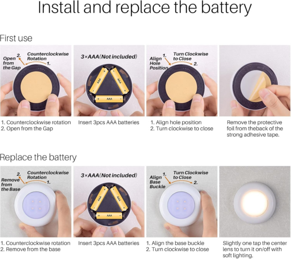 Tap Light Push Lights, Stick on LED Touch Puck Light AAA Battery Operated, Press Spot Lighting Indoor for Under Cupboard - Image 3