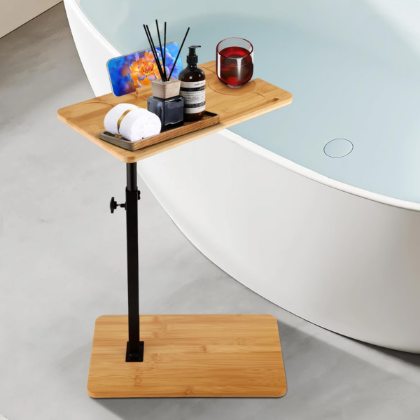 Bamboo Bathtub Tray Table, C Shaped Bathtub Side End Table Freestanding Bathtub Caddy