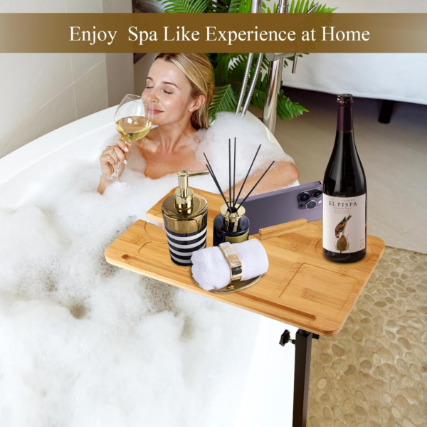 Bamboo Bathtub Tray Table, C Shaped Bathtub Side End Table Freestanding Bathtub Caddy - Image 6