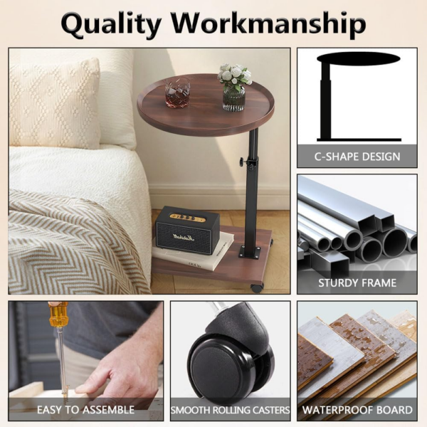 C Shaped Side Table, Height Adjustable Side Table 360°Swivel Couch Table with Wheels - Image 4
