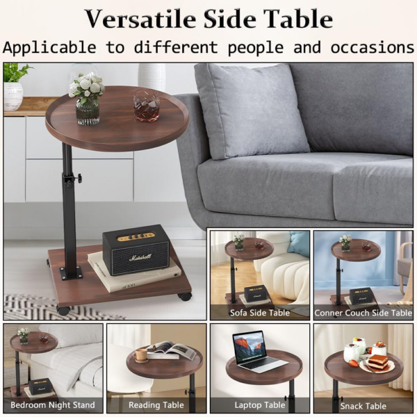 C Shaped Side Table, Height Adjustable Side Table 360°Swivel Couch Table with Wheels - Image 2