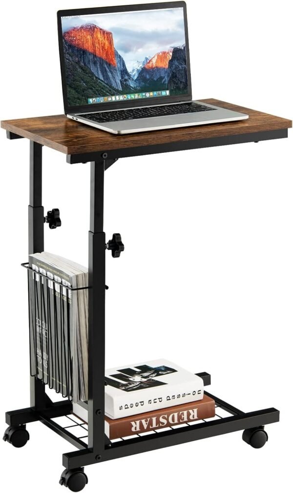 C-Shaped Sofa Side Table, Height Adjustable Mobile Laptop Desk Coffee End Table with Storage Basket