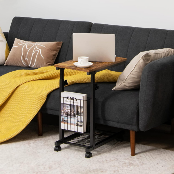 C-Shaped Sofa Side Table, Height Adjustable Mobile Laptop Desk Coffee End Table with Storage Basket - Image 7