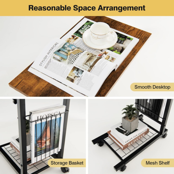 C-Shaped Sofa Side Table, Height Adjustable Mobile Laptop Desk Coffee End Table with Storage Basket - Image 5