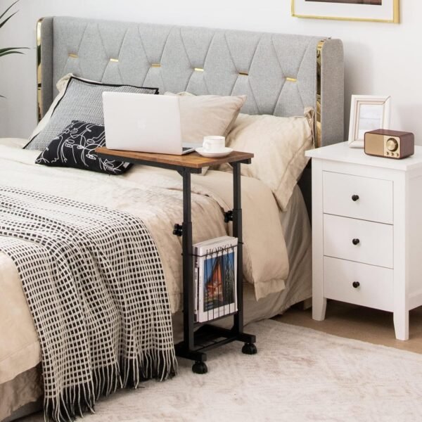 C-Shaped Sofa Side Table, Height Adjustable Mobile Laptop Desk Coffee End Table with Storage Basket - Image 3