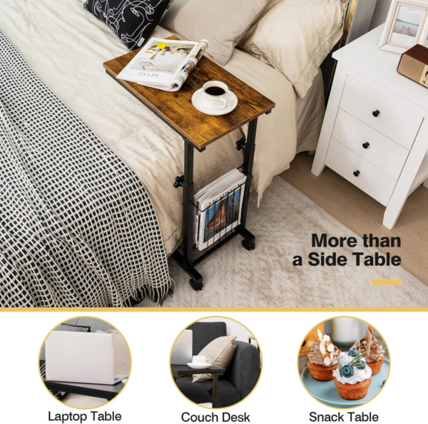 C-Shaped Sofa Side Table, Height Adjustable Mobile Laptop Desk Coffee End Table with Storage Basket - Image 2