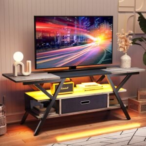 Bedroom TV Stand for 55 Inch TV Gaming Entertainment Center Industrial Rustic TV Stand with Led Lights