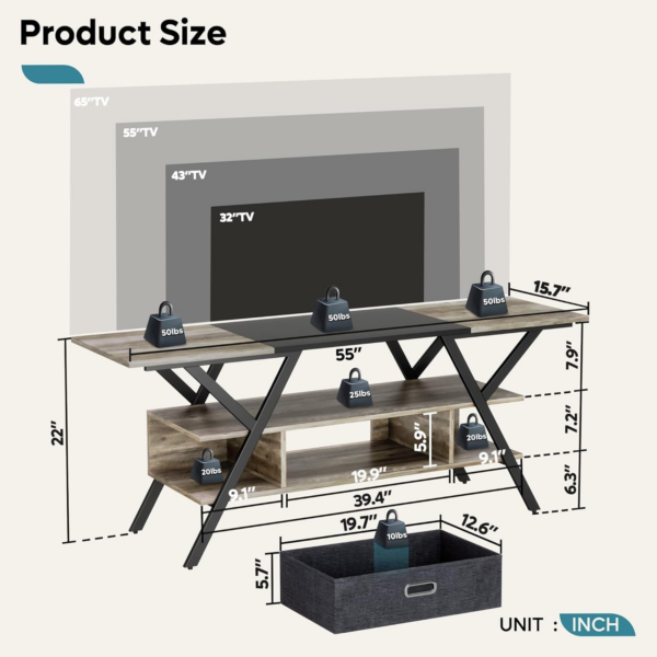Bedroom TV Stand for 55 Inch TV Gaming Entertainment Center Industrial Rustic TV Stand with Led Lights - Image 3