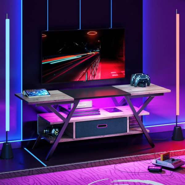 Bedroom TV Stand for 55 Inch TV Gaming Entertainment Center Industrial Rustic TV Stand with Led Lights - Image 2